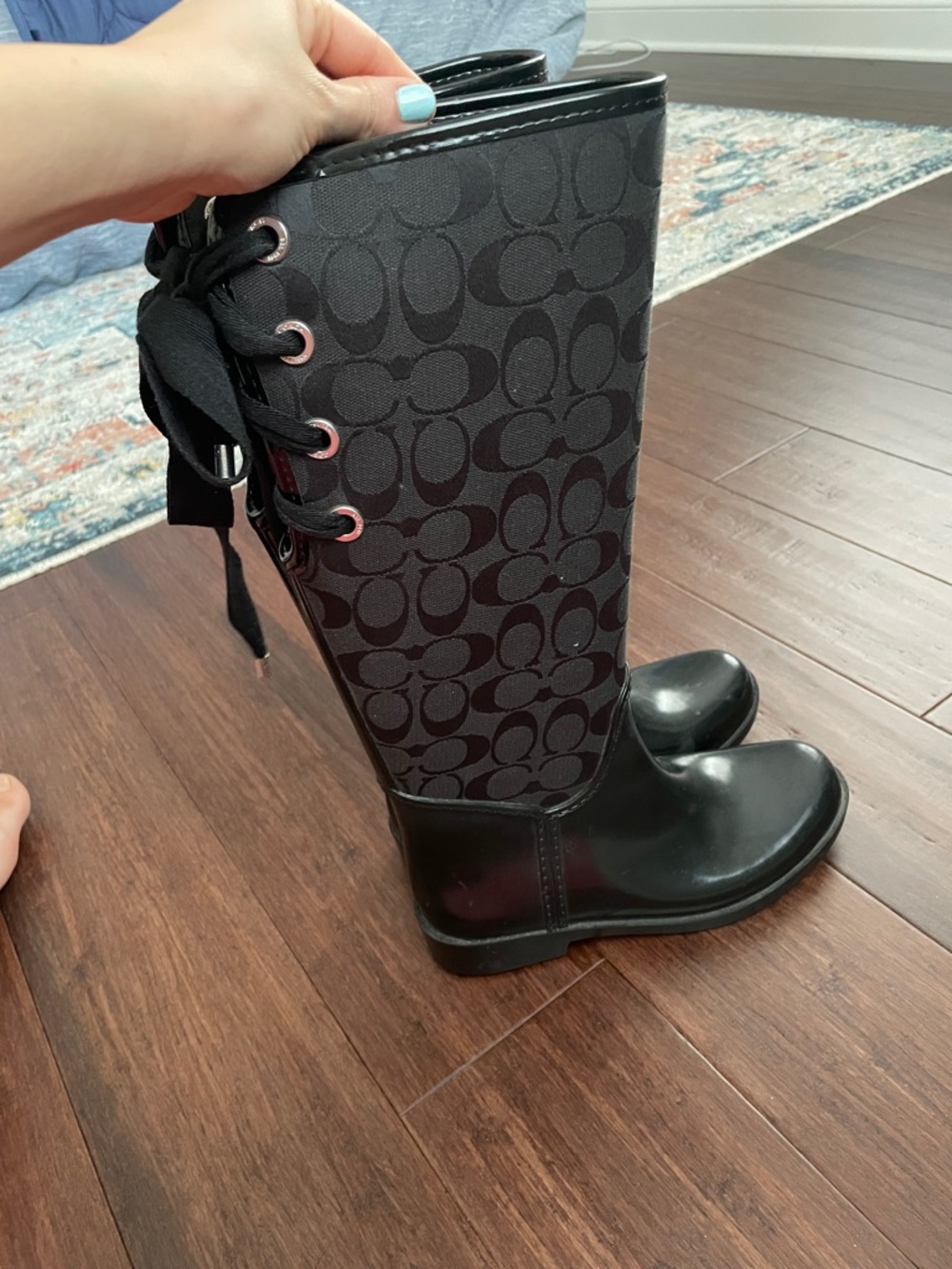 Coach Black Signature Lace-Up Rain Boots